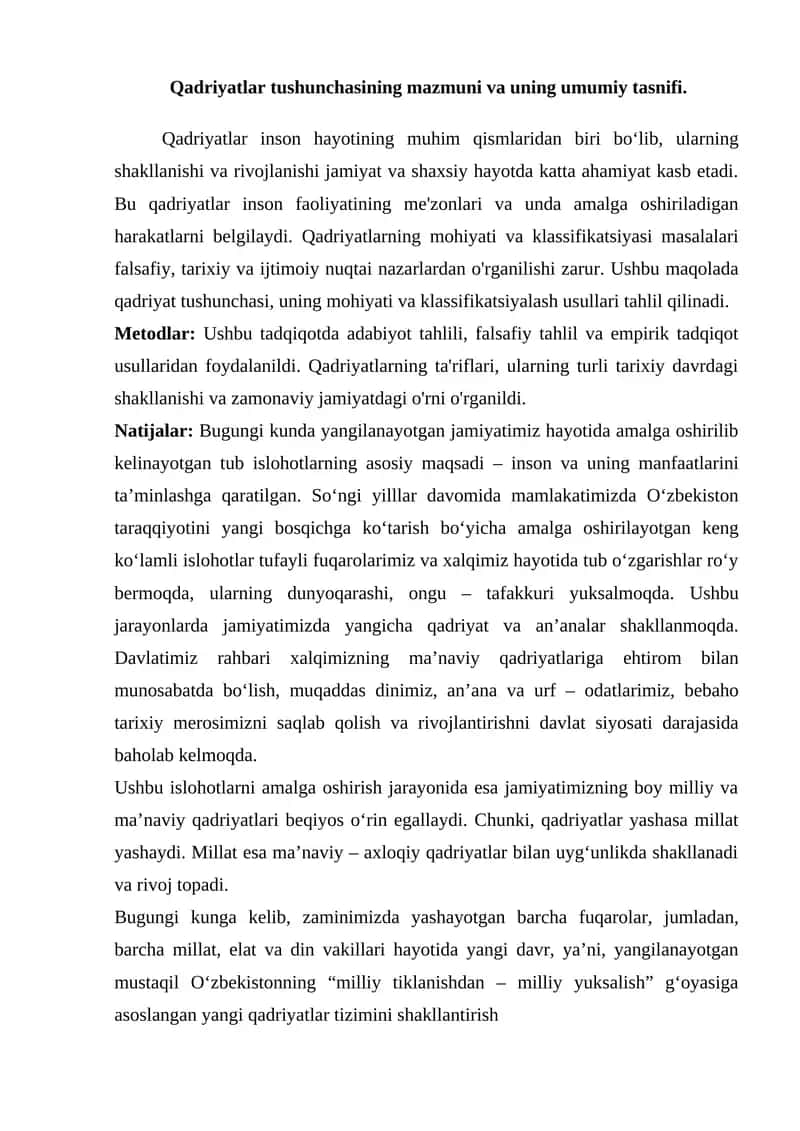 Qadriyatlar tushunchasining mazmuni va uning umumiy tasnifi