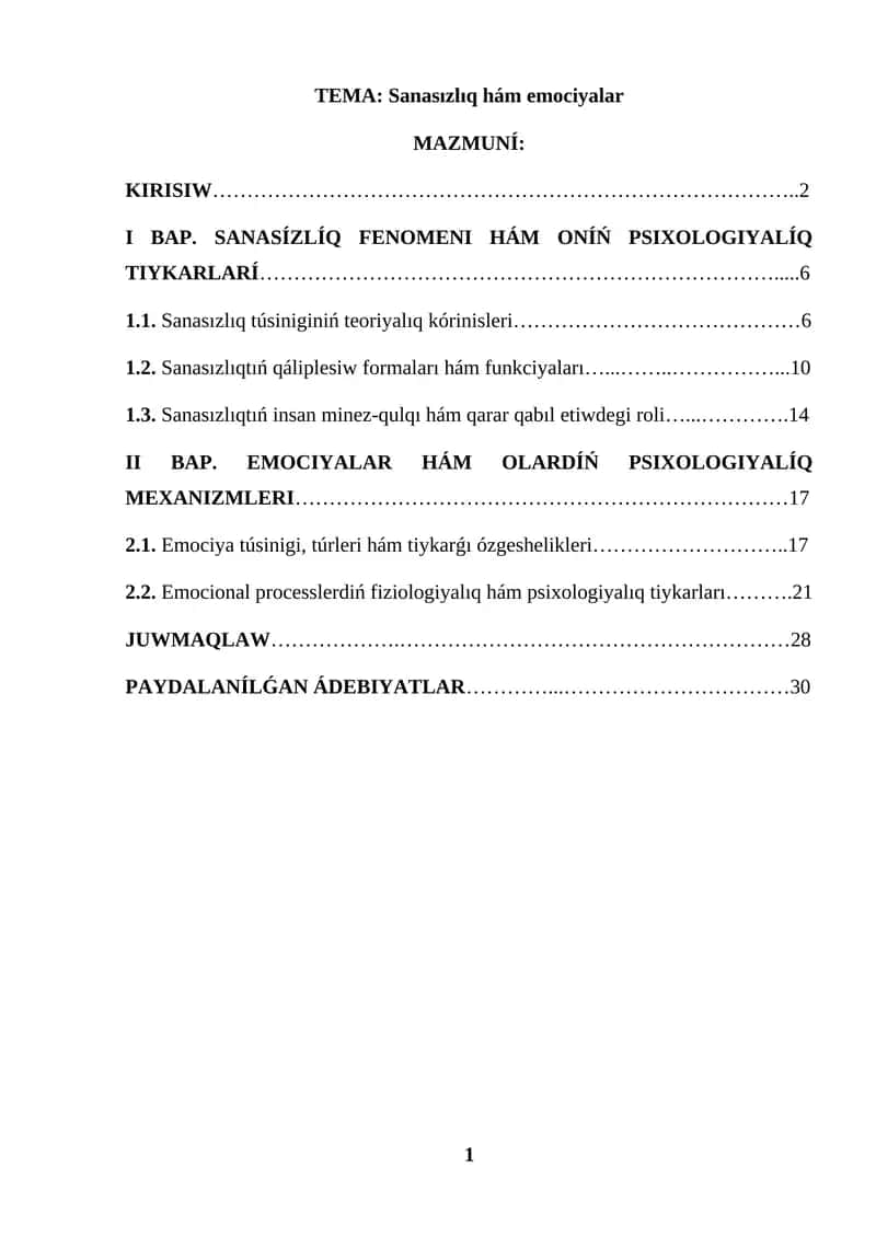KURS JUMISI SANASIZLIQ HÁM EMOCIYALAR