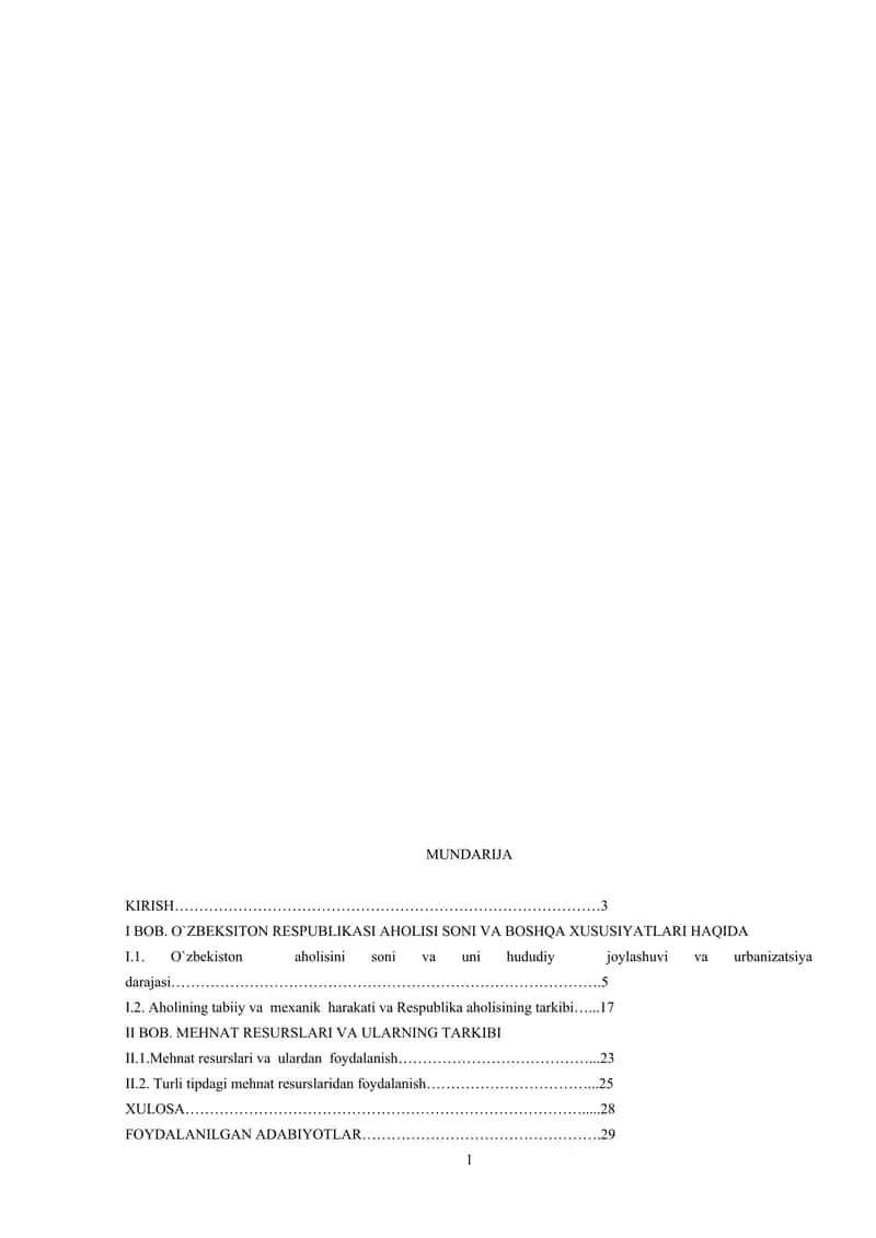 O'ZBEKISTON RESPUBLIKASI AHOLISI VA MEHNAT RESURSLARI