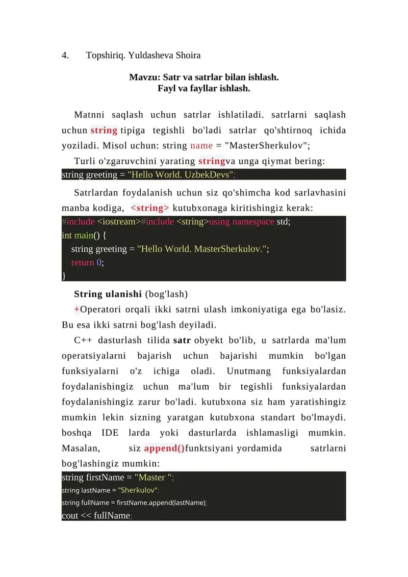 Satr va satrlar bilan ishlash