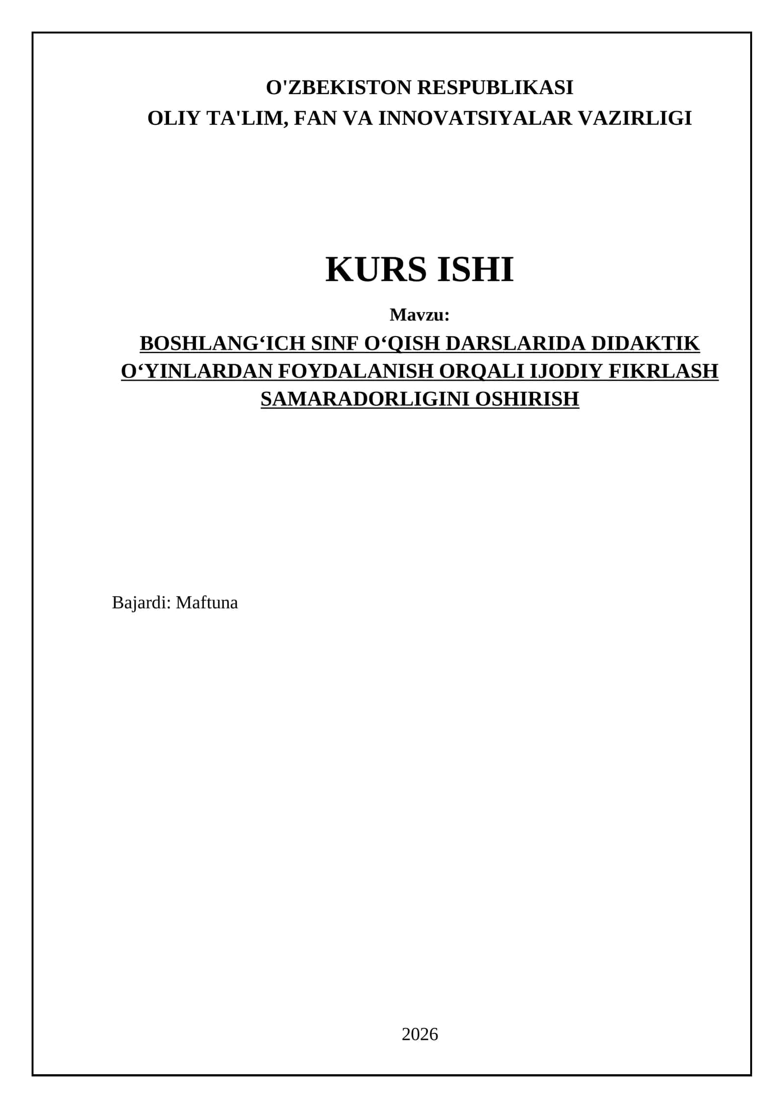 BOSHLANG‘ICH SINF O‘QISH DARSLARIDA DIDAKTIK O‘YINLARDAN FOYDALANISH ORQALI IJODIY FIKRLASH SAMARADORLIGINI OSHIRISH