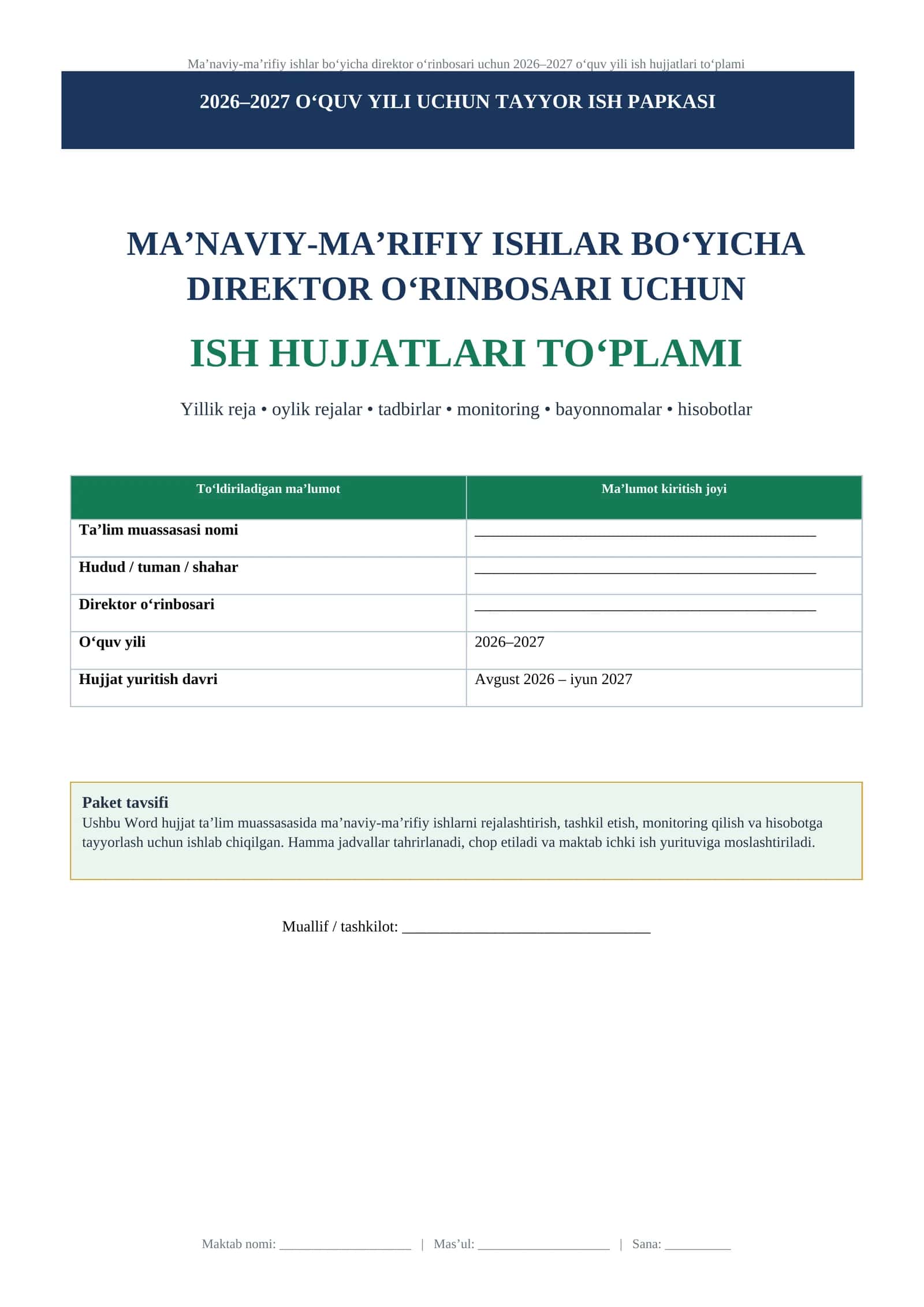 Ma’naviy-ma’rifiy ishlar bo‘yicha direktor o‘rinbosari uchun 2026–2027 o‘quv yili ish hujjatlari to‘plami
