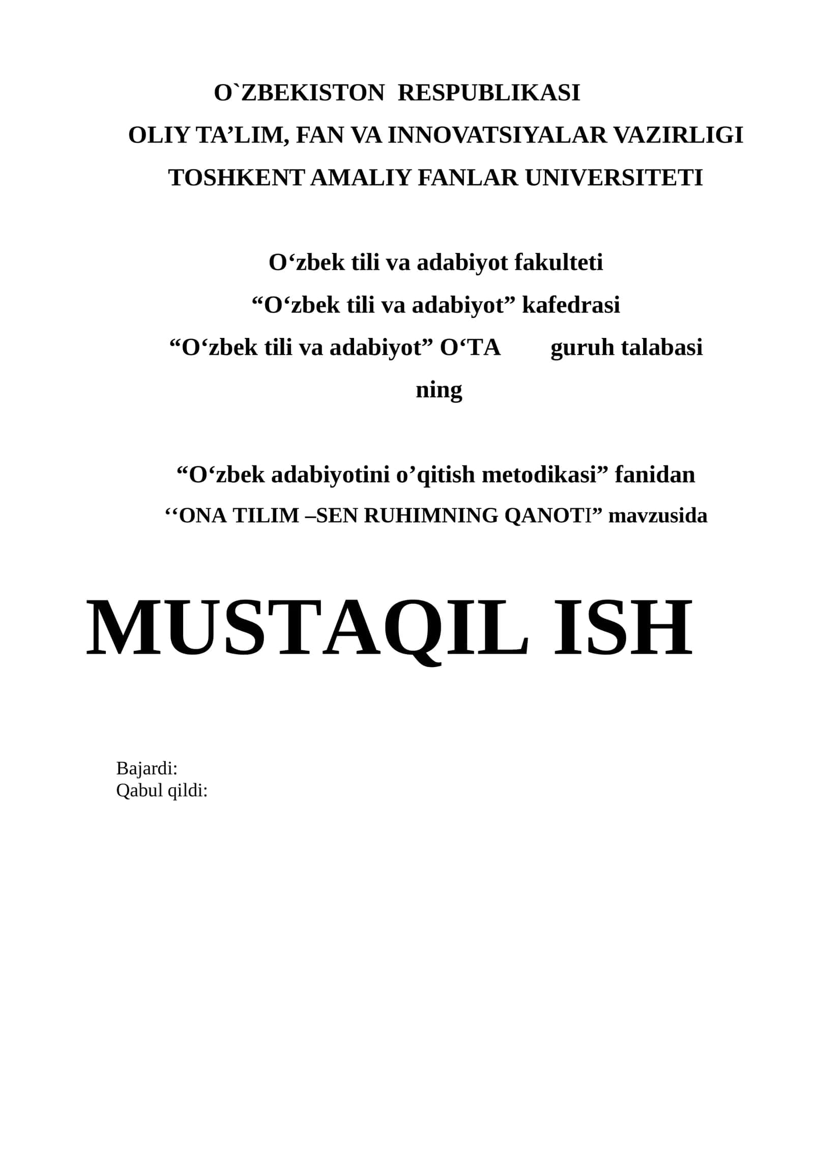 ONA TILIM –SEN RUHIMNING QANOTI