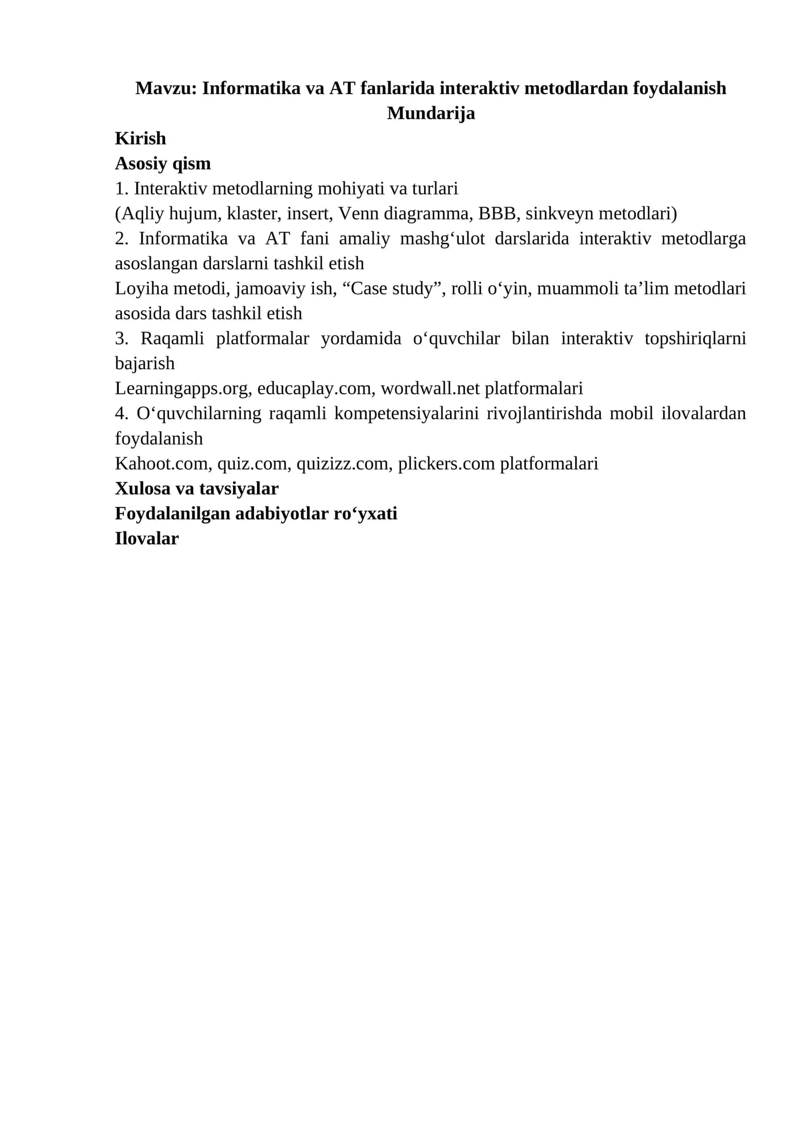 Informatika va AT fanlarida interaktiv metodlardan foydalanish
