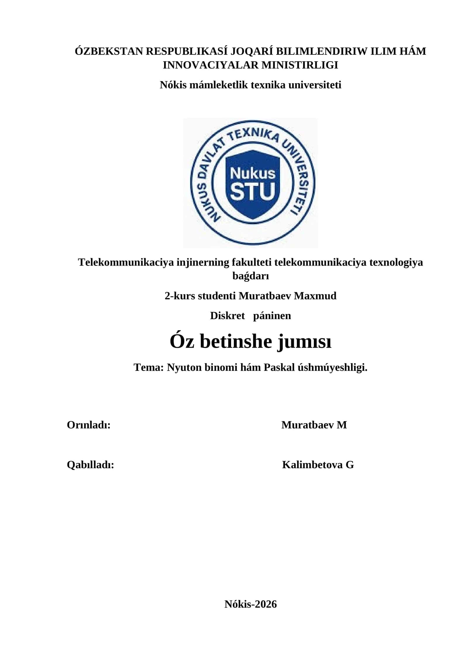 Nyuton binomi hám Paskal úshmúyeshligi
