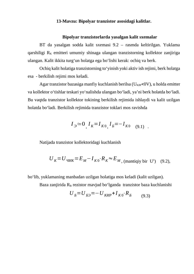 Bipolyar tranzistor asosidagi kalitlar