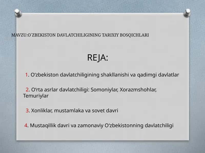O`zbekiston Davlatchiligining Tarixiy Bosqichlari