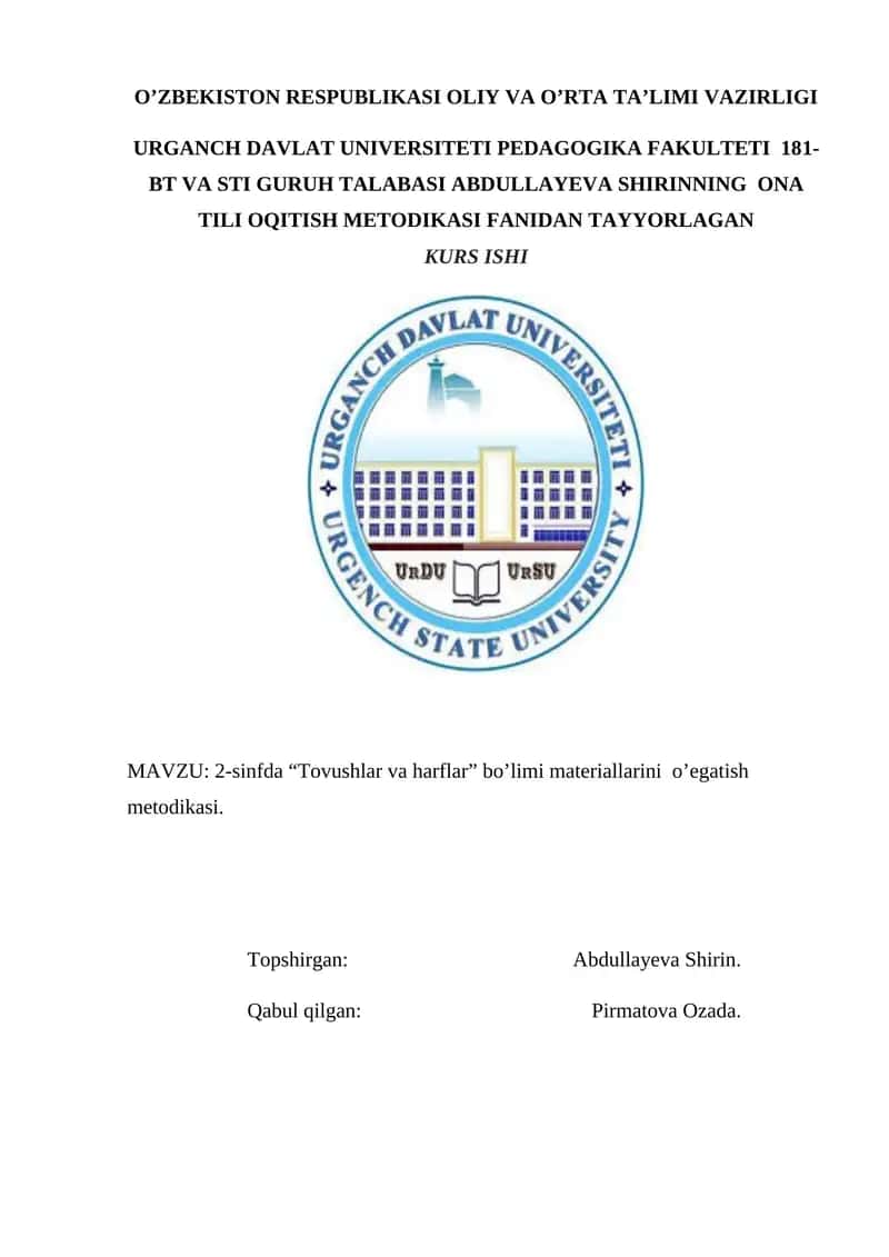 2-sinfda “Tovushlar va harflar” bo’limi materiallarini o’egatish metodikasi