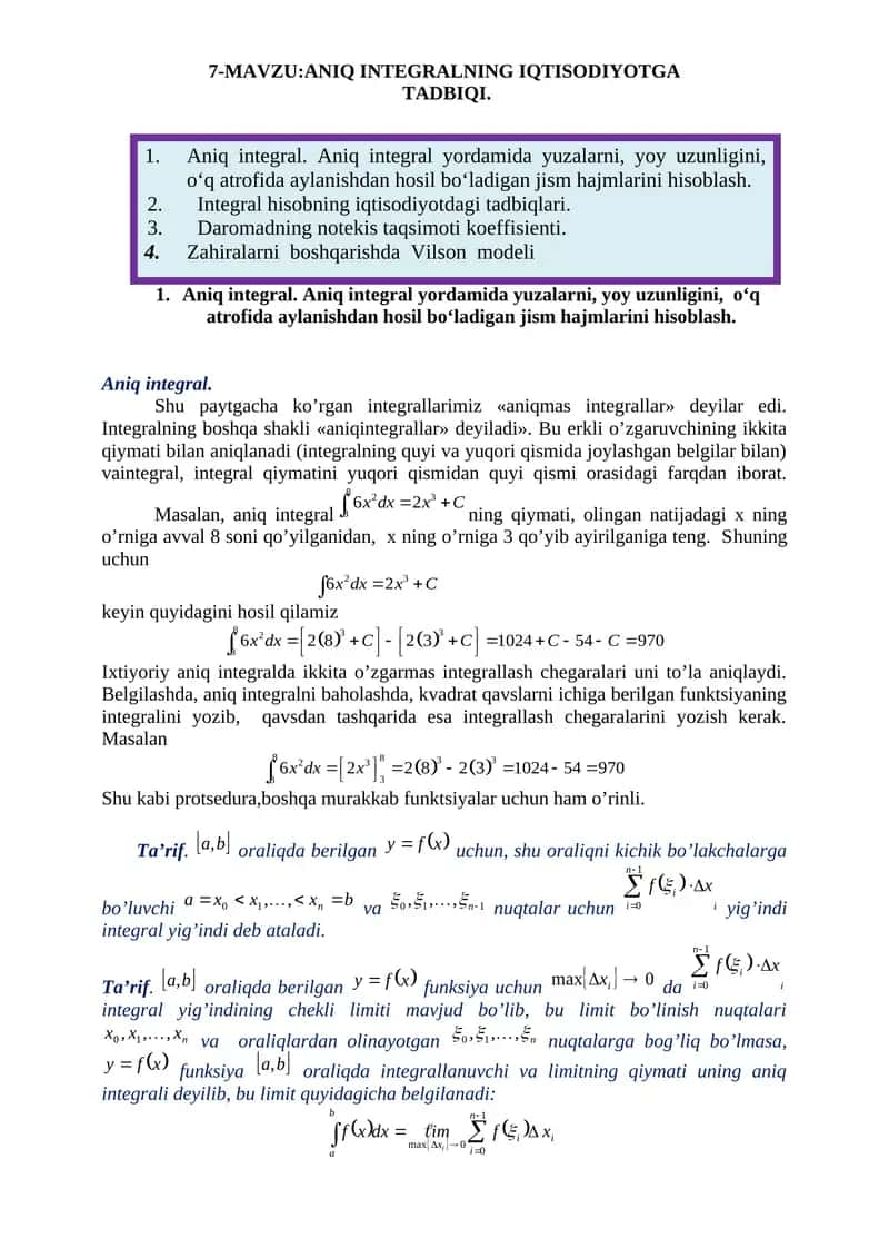 ANIQ INTEGRALNING IQTISODIYOTGA TADBIQI