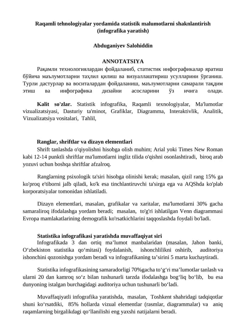 Raqamli tehnologiyalar yordamida statistik malumotlarni shaknlantirish (infografika yaratish)