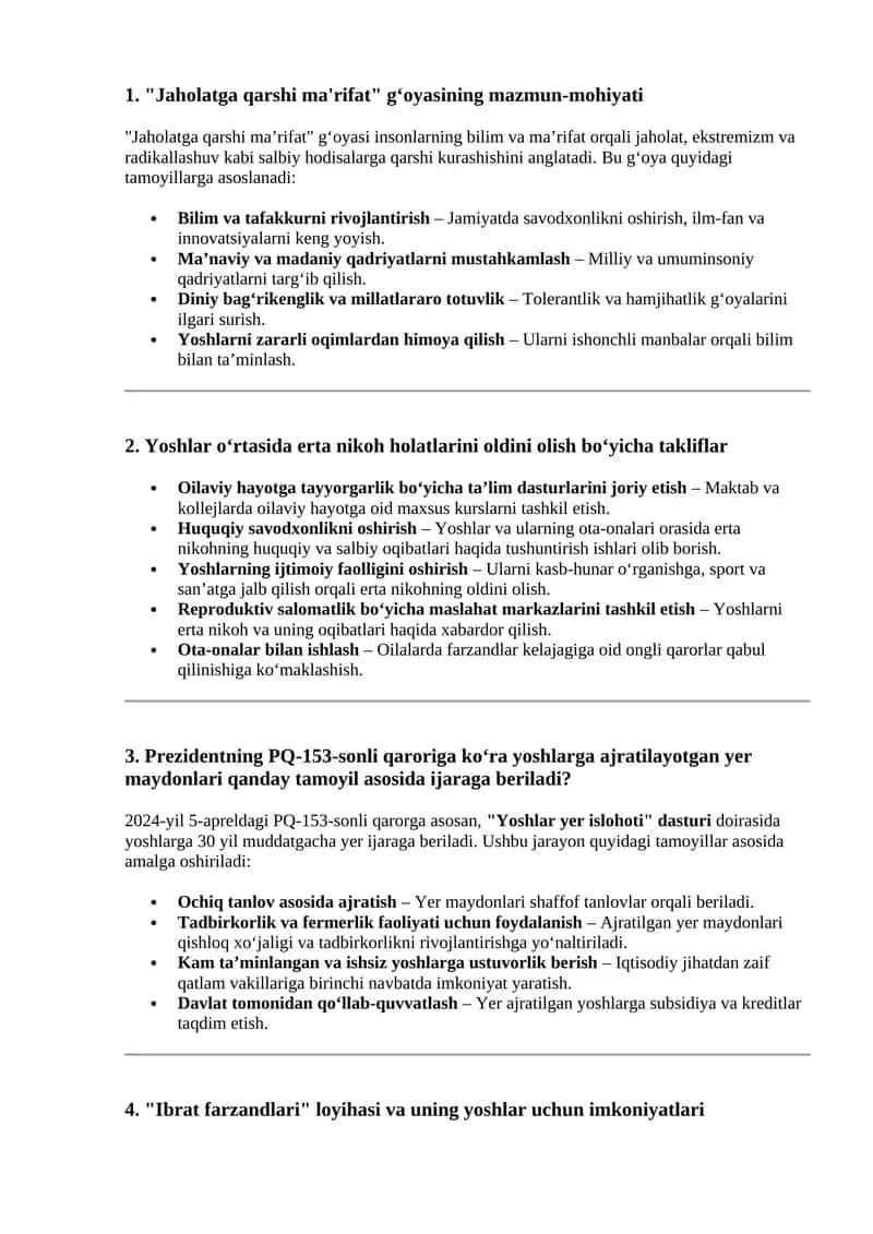 yoshlar yetakchiligiga suhbat savollari, javoblari bilan