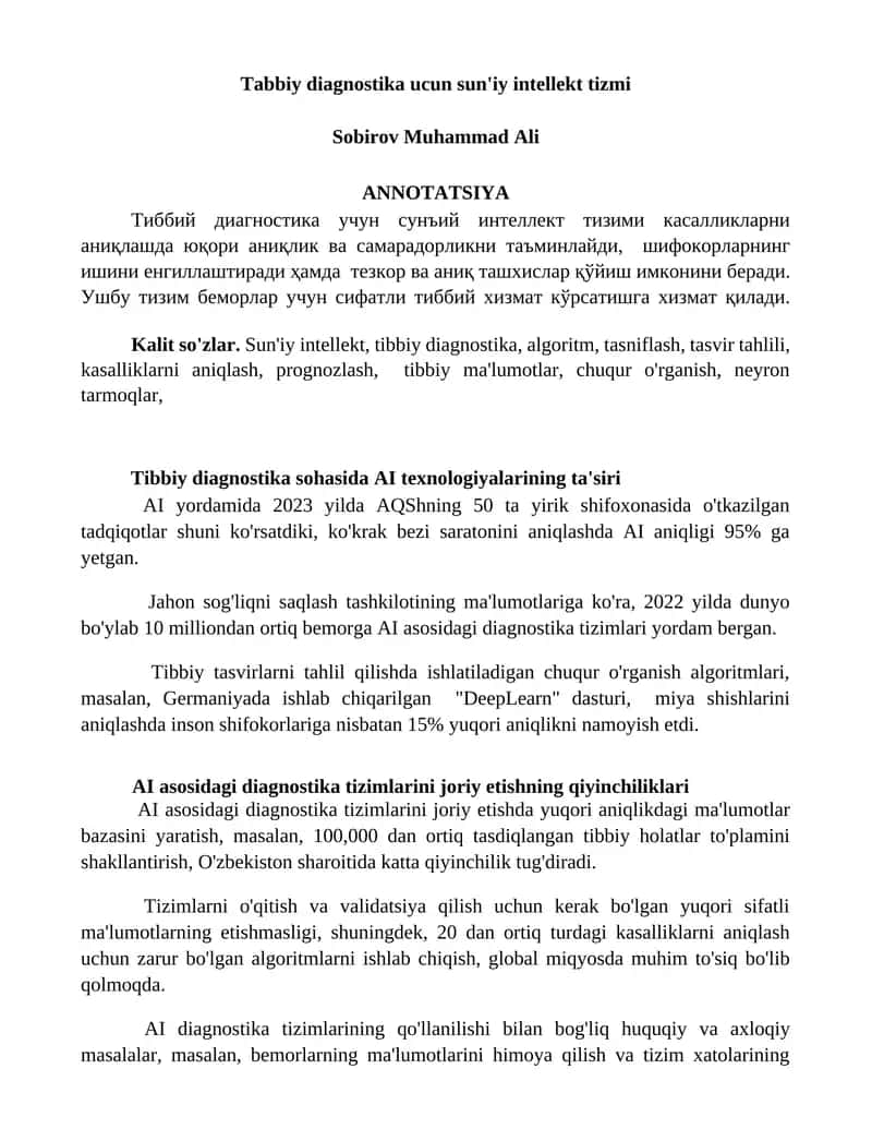 Tibbiy diagnostika ucun sun'iy intellekt tizmi