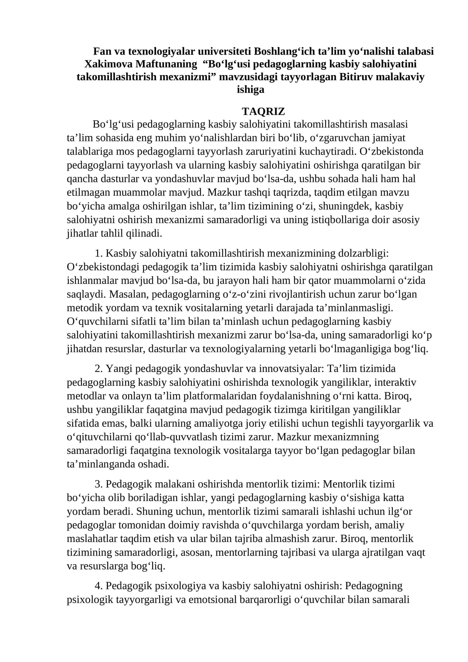 Bo‘lg‘usi pedagoglarning kasbiy salohiyatini takomillashtirish mexanizmi