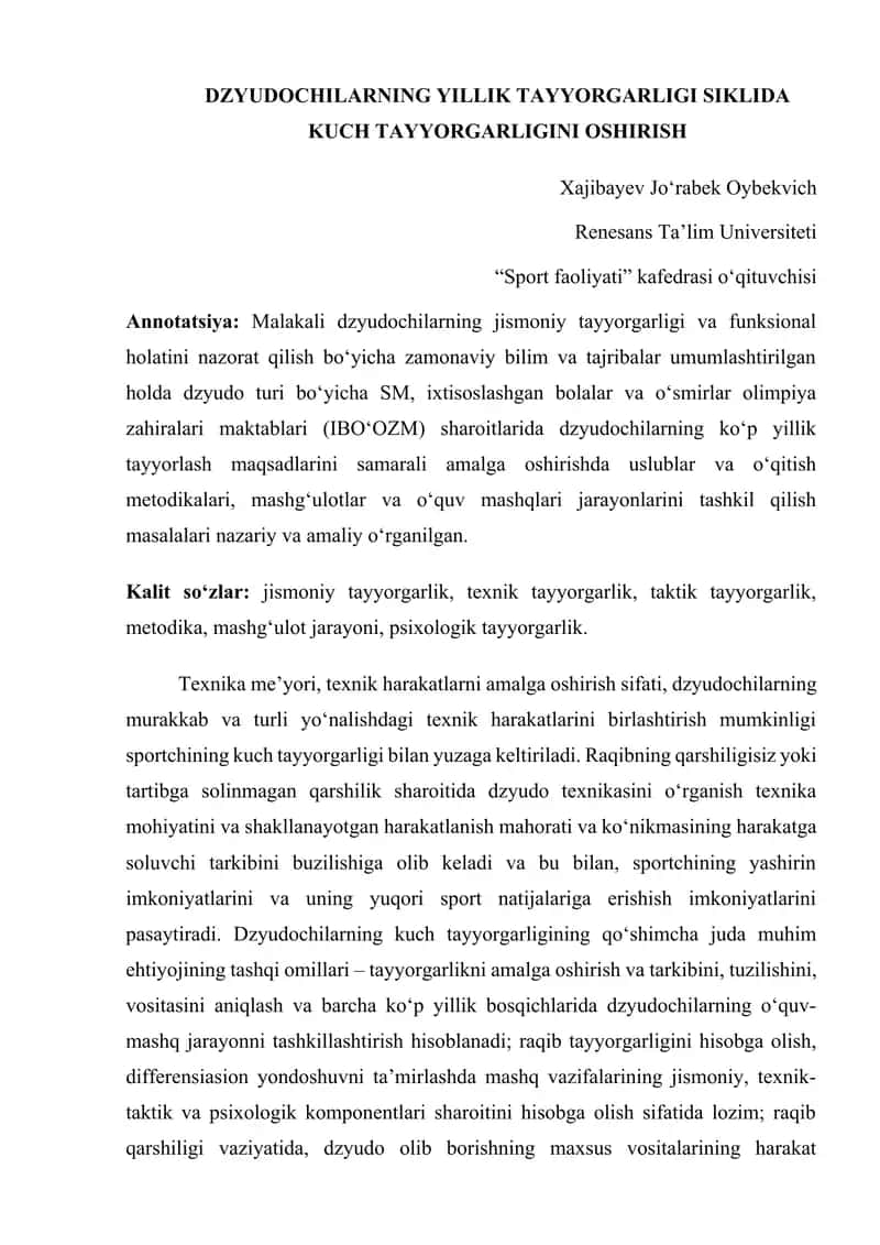 Dzyudochilarning yillik tayyorgarligi siklida kuch tayyorgarligini oshirish