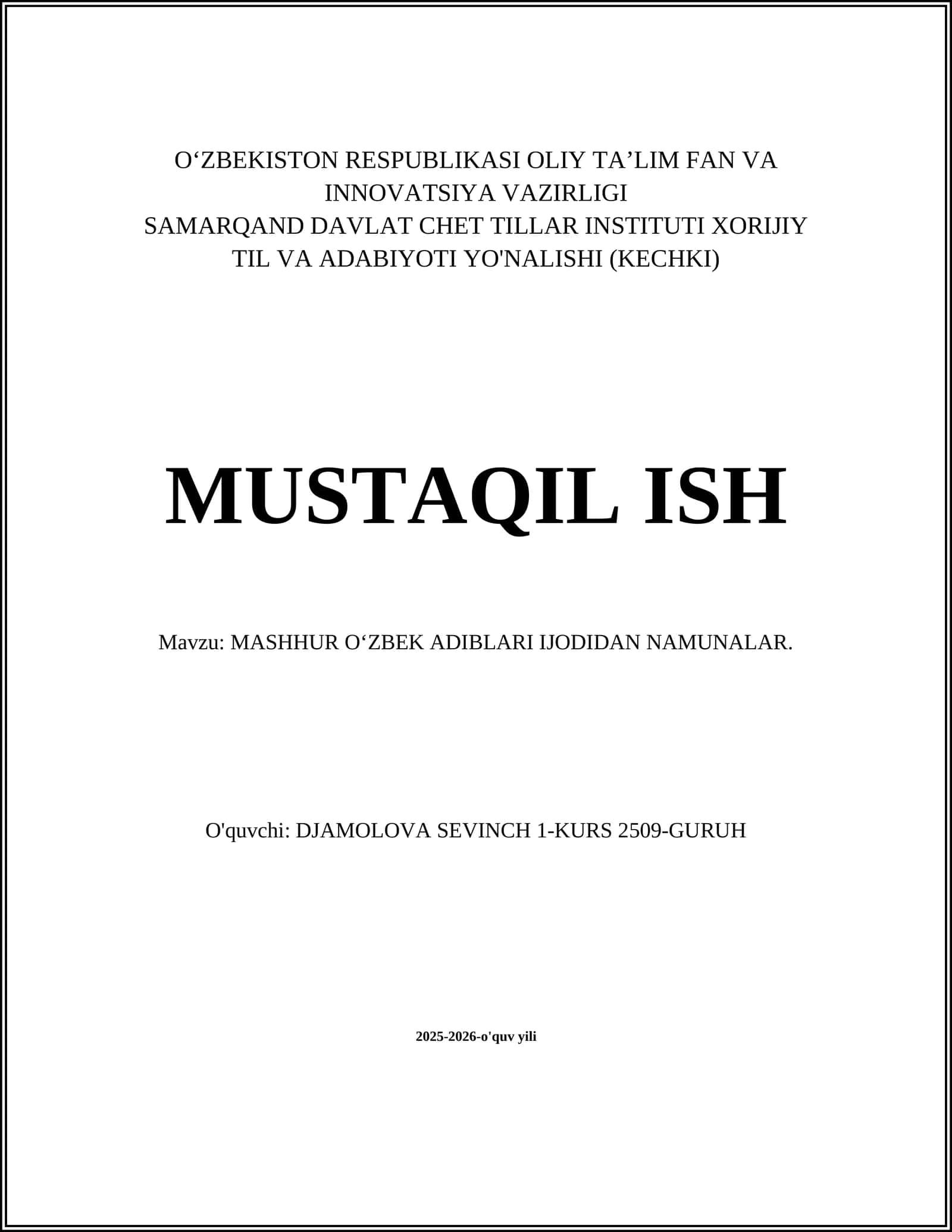 MASHHUR O‘ZBEK ADIBLARI IJODIDAN NAMUNALAR
