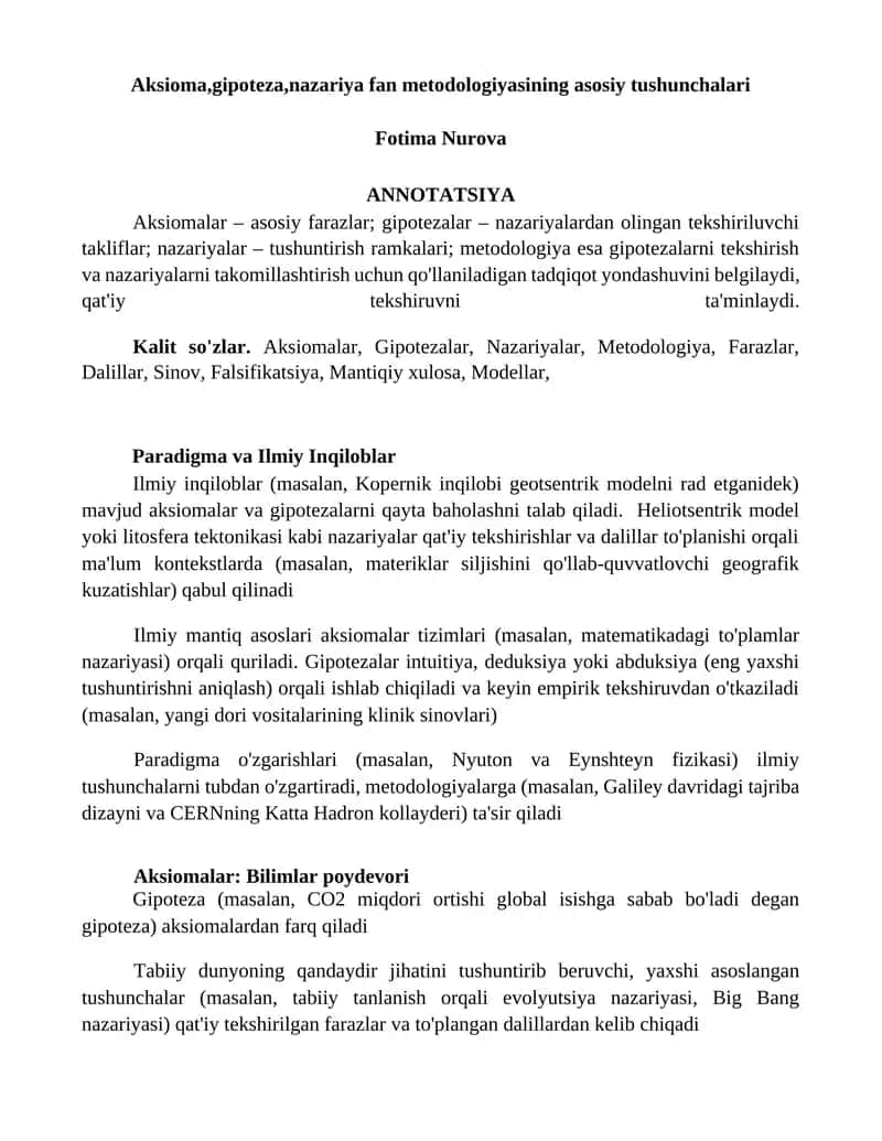 Aksioma, gipoteza, nazariya fan metodologiyasining asosiy tushunchalari