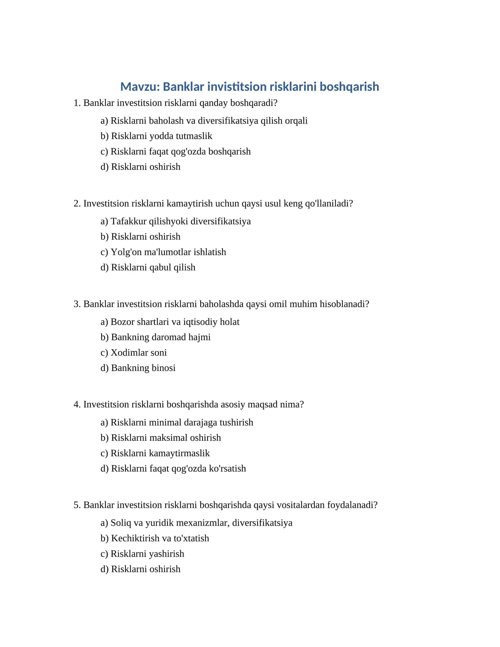 Banklar investitsion risklarini boshqarish