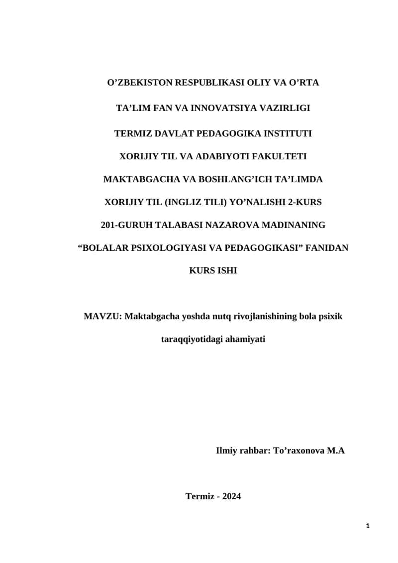 Maktabgacha yoshda nutq rivojlanishining bola psixik taraqqiyotidagi ahamiyati