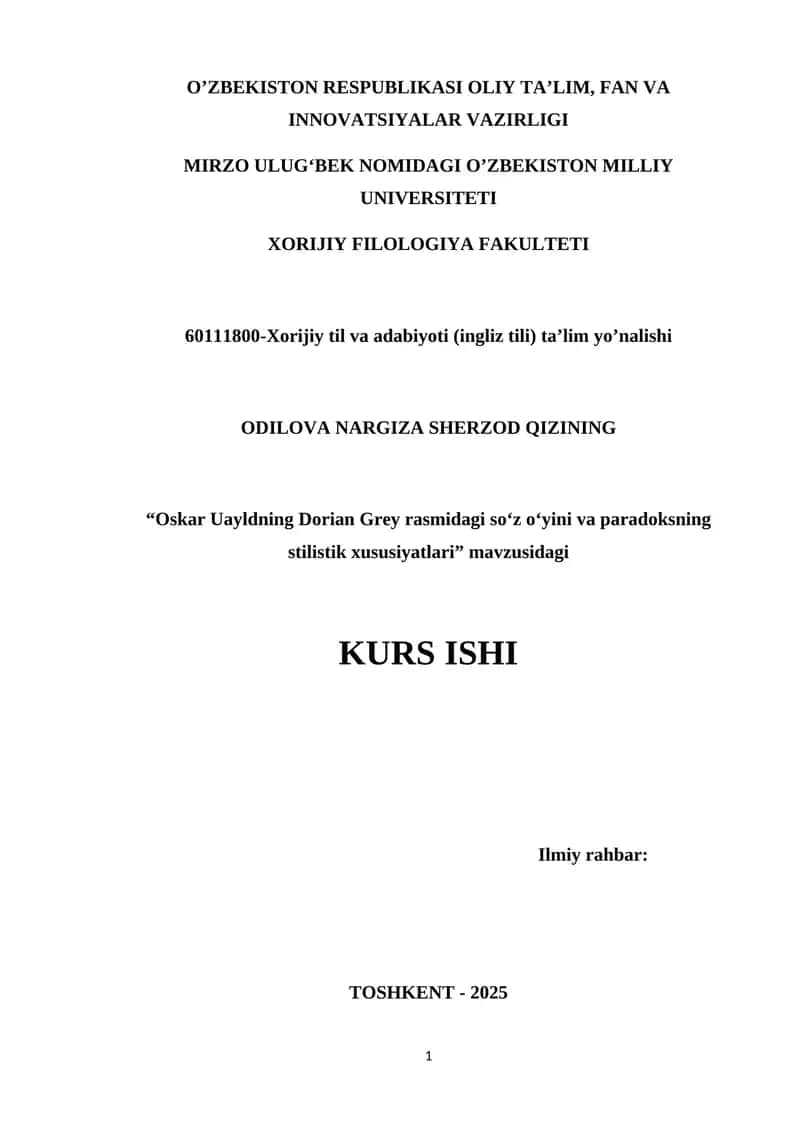 Оskаr Uаyldning Dоriаn Grеy rаsmidаgi sо‘z о‘yini vа pаrаdоksning stilistik xususiyаtlаri