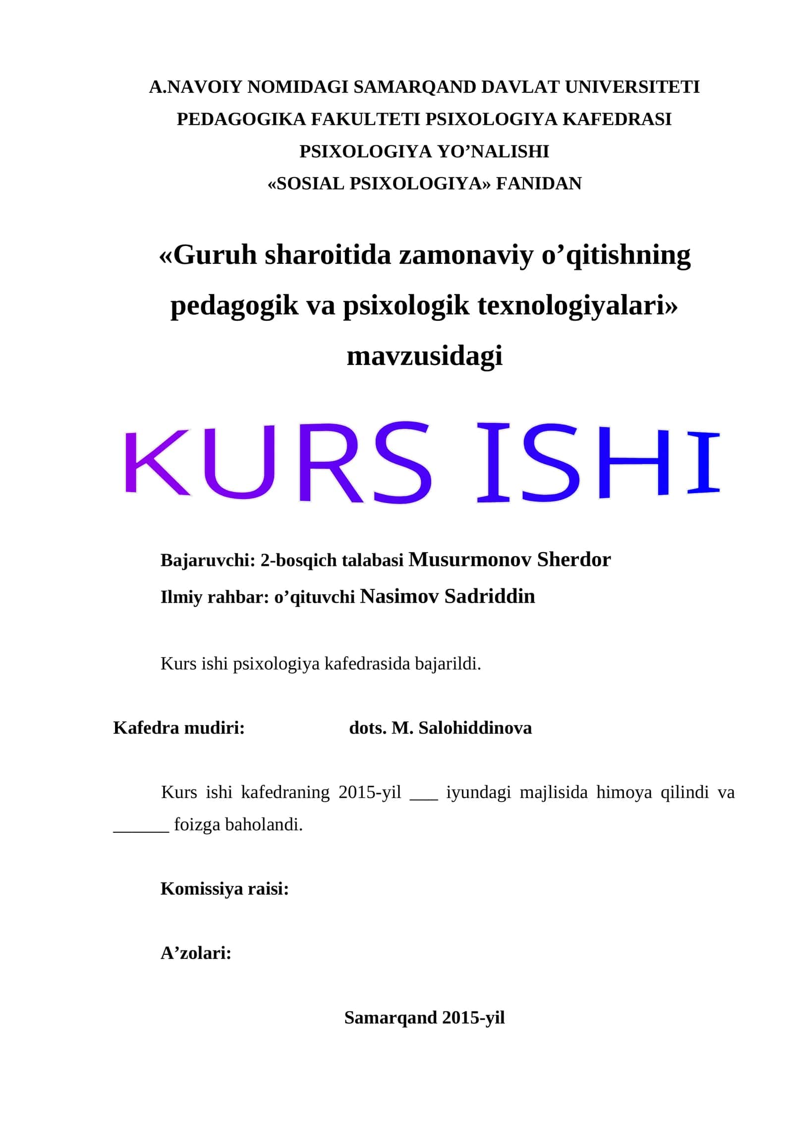 «Guruh sharoitida zamonaviy o’qitishning pedagogik va psixologik texnologiyalari»