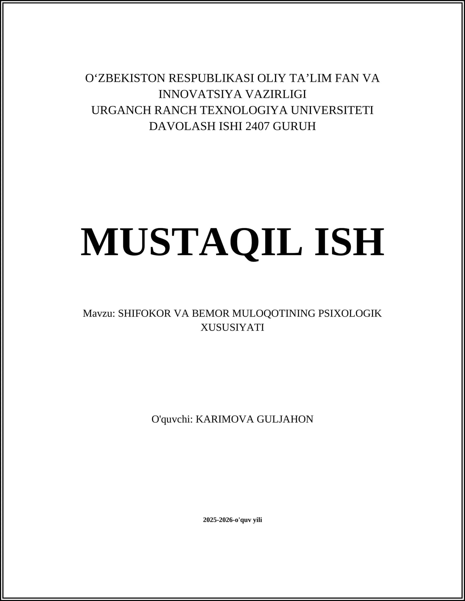 SHIFOKOR VA BEMOR MULOQOTINING PSIXOLOGIK XUSUSIYATI