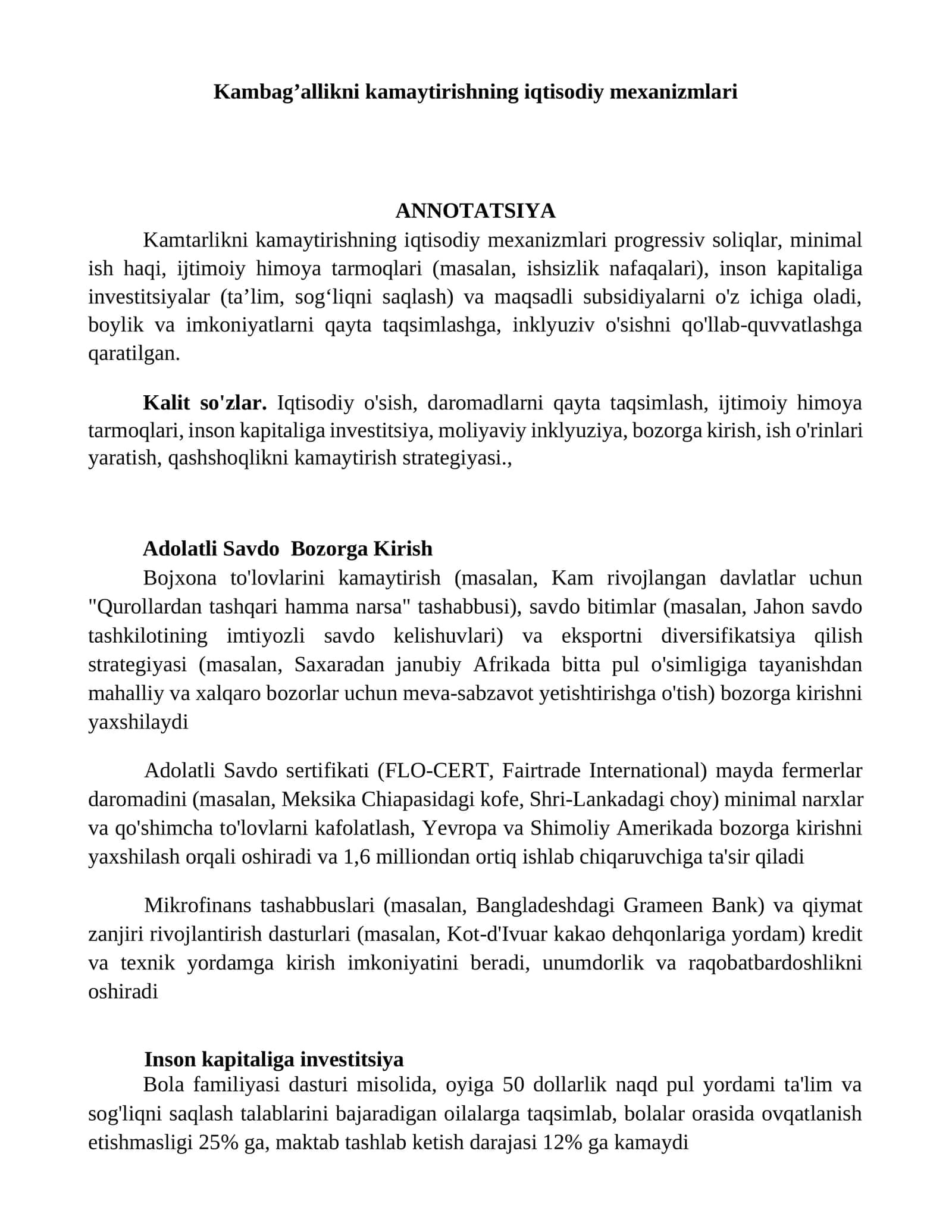 Kambag’allikni kamaytirishning iqtisodiy mexanizmlari