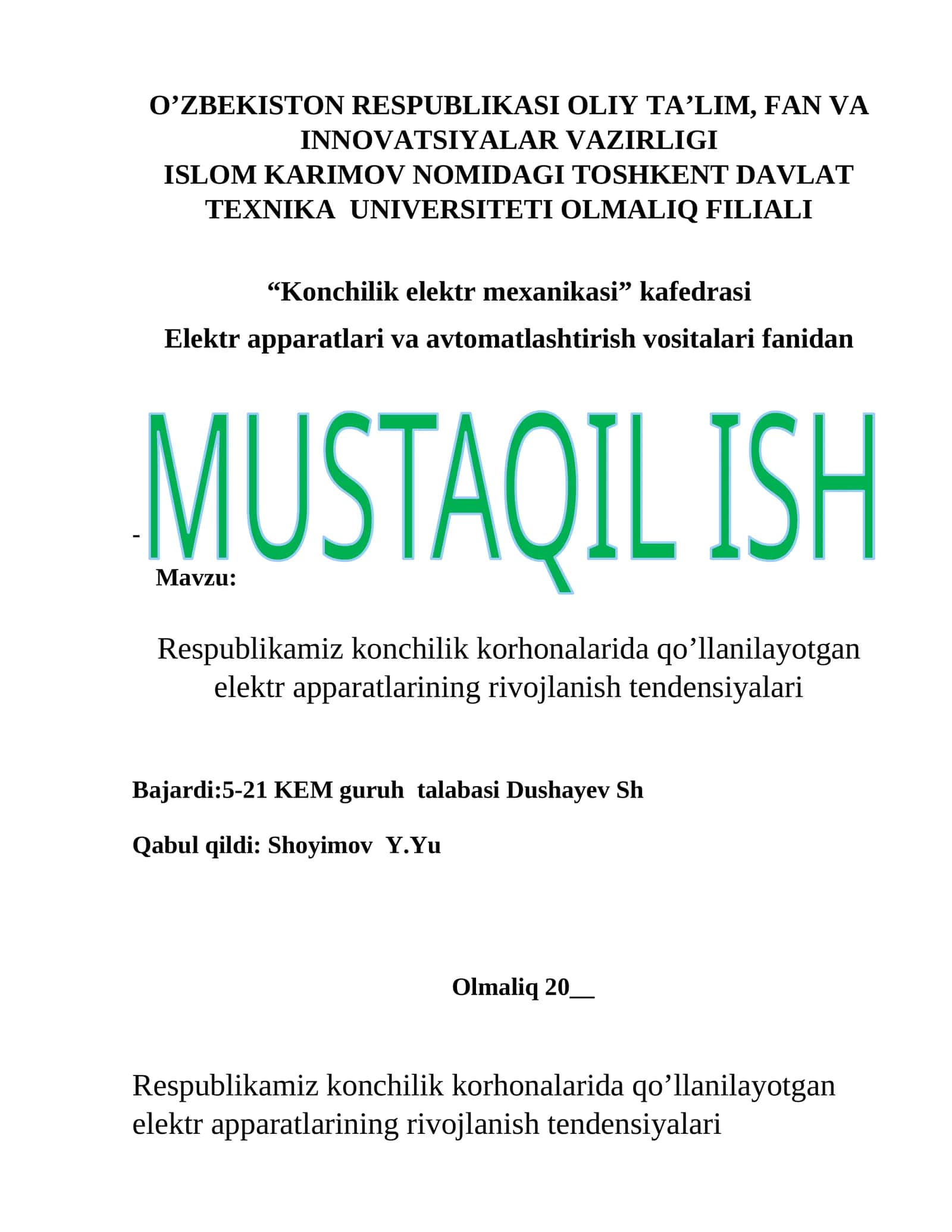 Respublikamiz konchilik korhonalarida qo’llanilayotgan elektr apparatlarining rivojlanish tendensiyalari