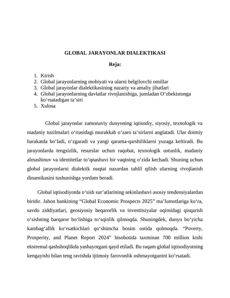 GLOBAL JARAYONLAR DIALEKTIKASI
