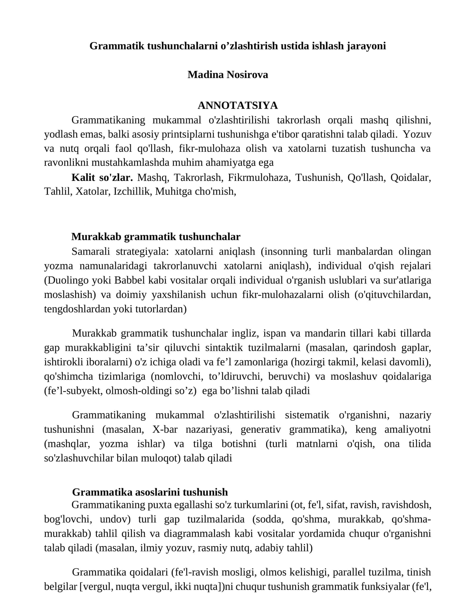 Grammatik tushunchalarni o’zlashtirish ustida ishlash jarayoni