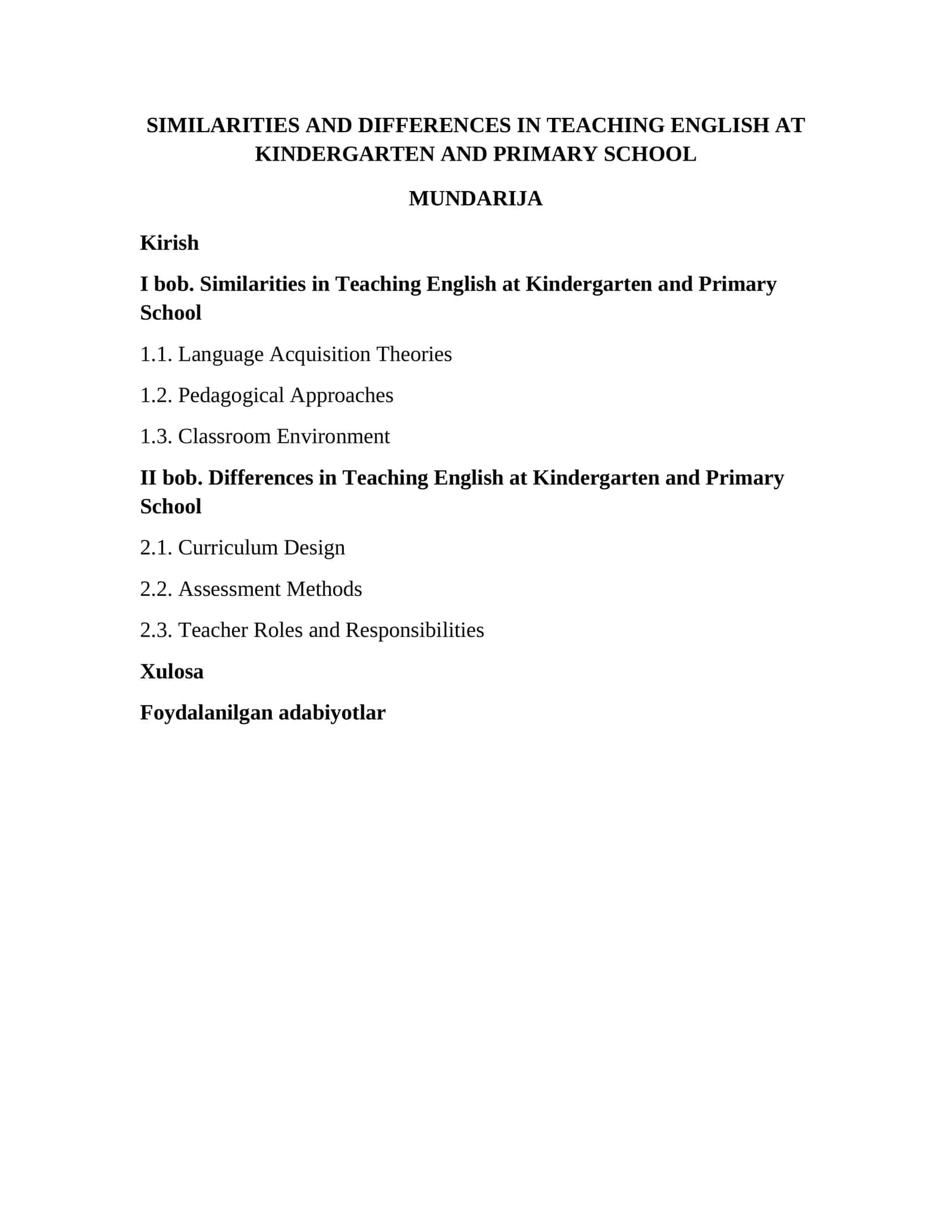 Similarities and differences in teaching English at kindergarten and primary school levels