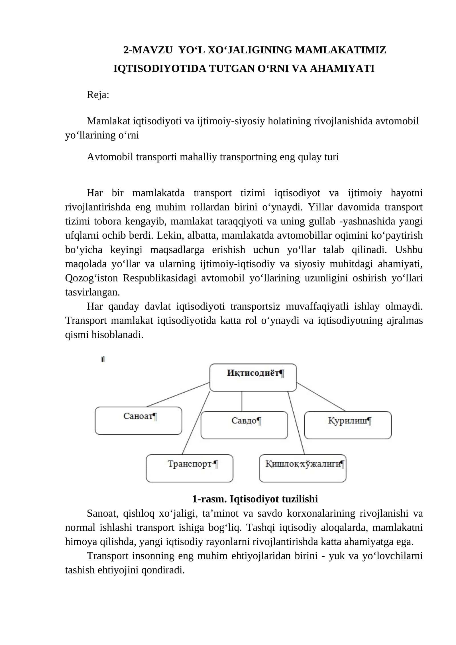 MAVZU YO‘L XO‘JALIGINING MAMLAKATIMIZ IQTISODIYOTIDA TUTGAN O‘RNI VA AHAMIYATI