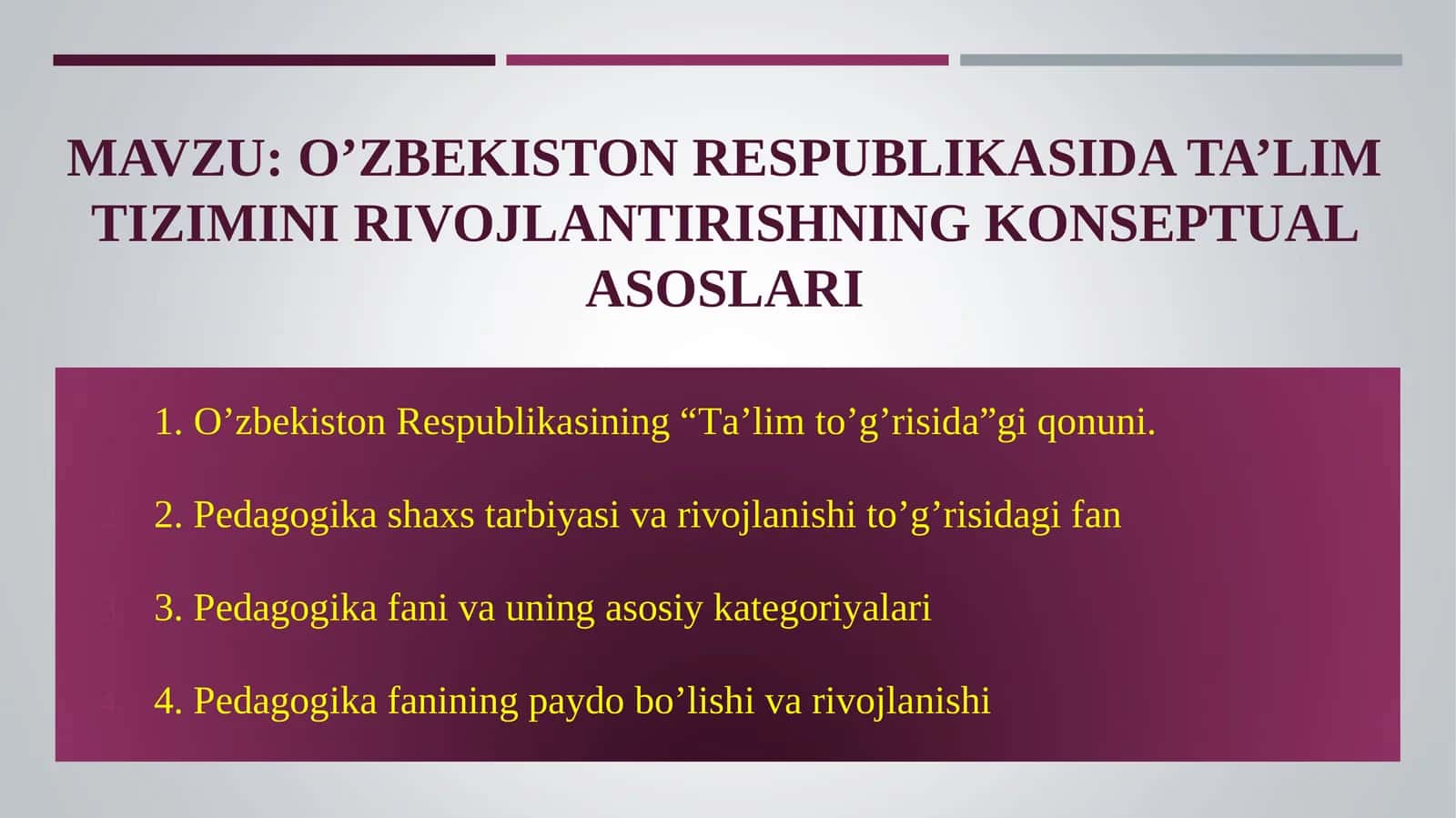 O’ZBEKISTON RESPUBLIKASIDA TA’LIM TIZIMINI RIVOJLANTIRISHNING KONSEPTUAL ASOSLARI