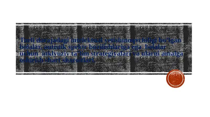 Turli darajadagi intelektual yetishmoqvchiligi bo’lgan bolalar, autistik spektr buzilishlariga ega bolalar uchun inklyuziv ta’lim strategiyalari va ularni amalga oshirish shart sharoitlari.