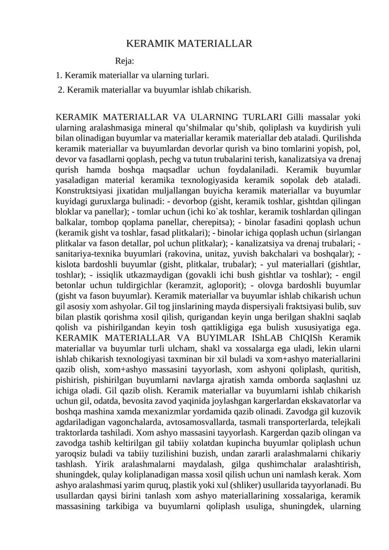Keramik materiallar va ularning turlari
