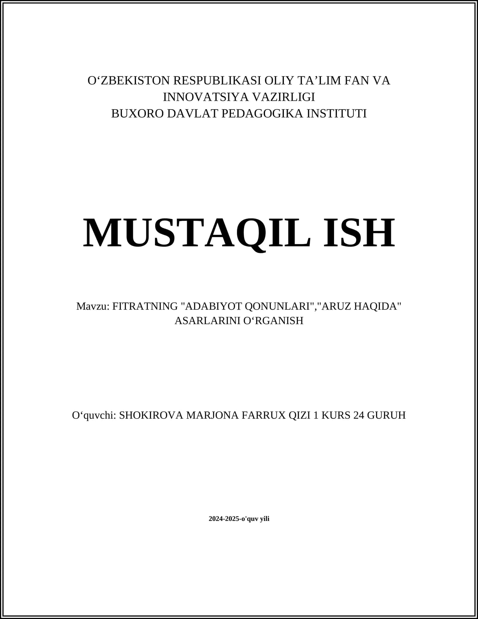 FITRATNING "ADABIYOT QONUNLARI","ARUZ HAQIDA" ASARLARINI OʻRGANISH