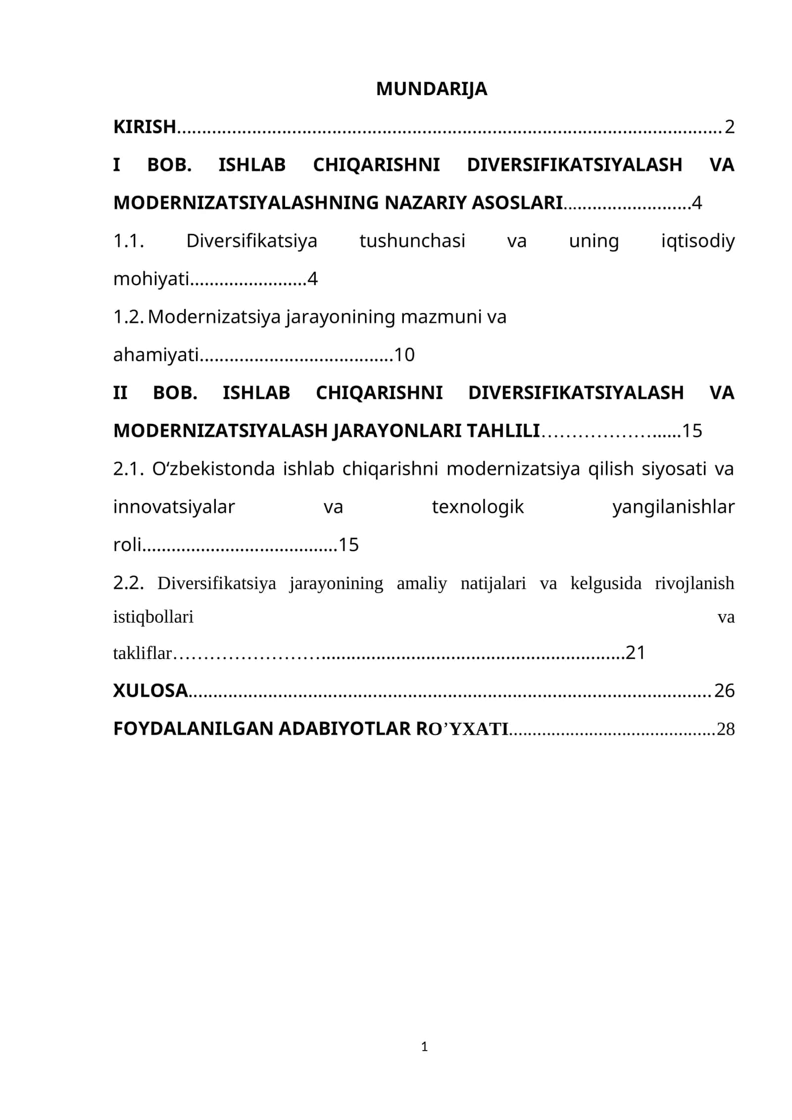 BOB. ISHLAB CHIQARISHNI DIVERSIFIKATSIYALASH VA MODERNIZATSIYALASHNING NAZARIY ASOSLARI