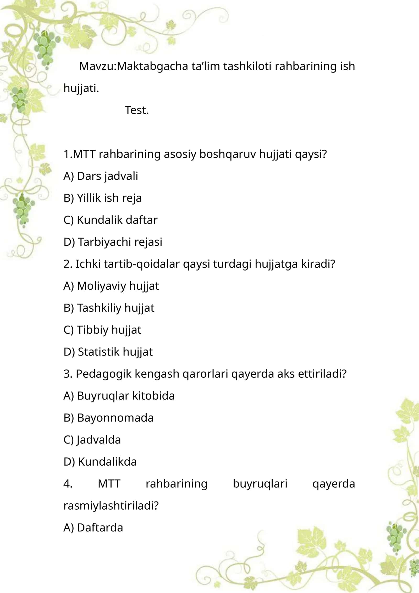 Maktabgacha taʼlim tashkiloti rahbarining ish hujjati