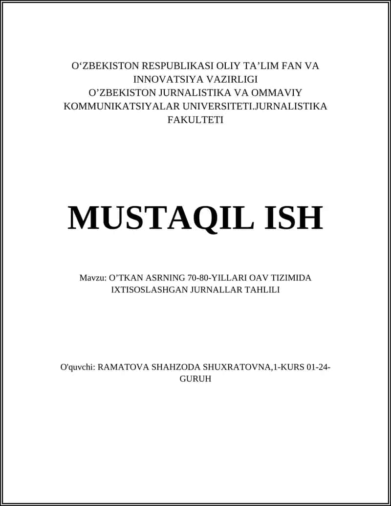 O‘TKAN ASRNING 70-80-YILLARI OAV TIZIMIDA IXTISOSLASHGAN JURNALLAR TAHLILI