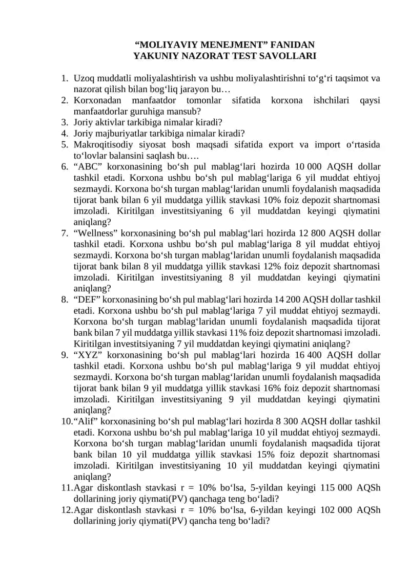 YAKUNIY NAZORAT TEST SAVOLLARI