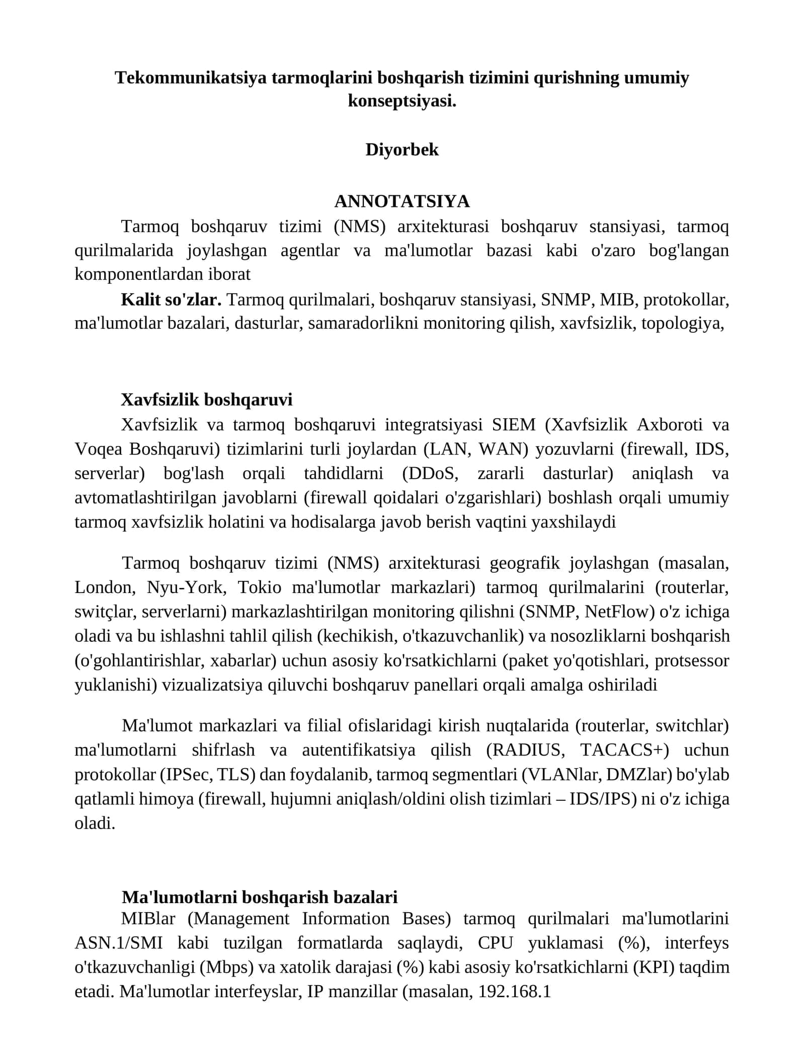 Tarmoq boshqaruv tizimi (NMS) arxitekturasi