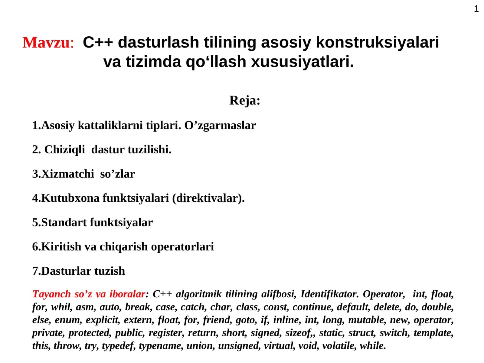 C++ dasturlash tilining asosiy konstruksiyalari va tizimda qo‘llash xususiyatlari