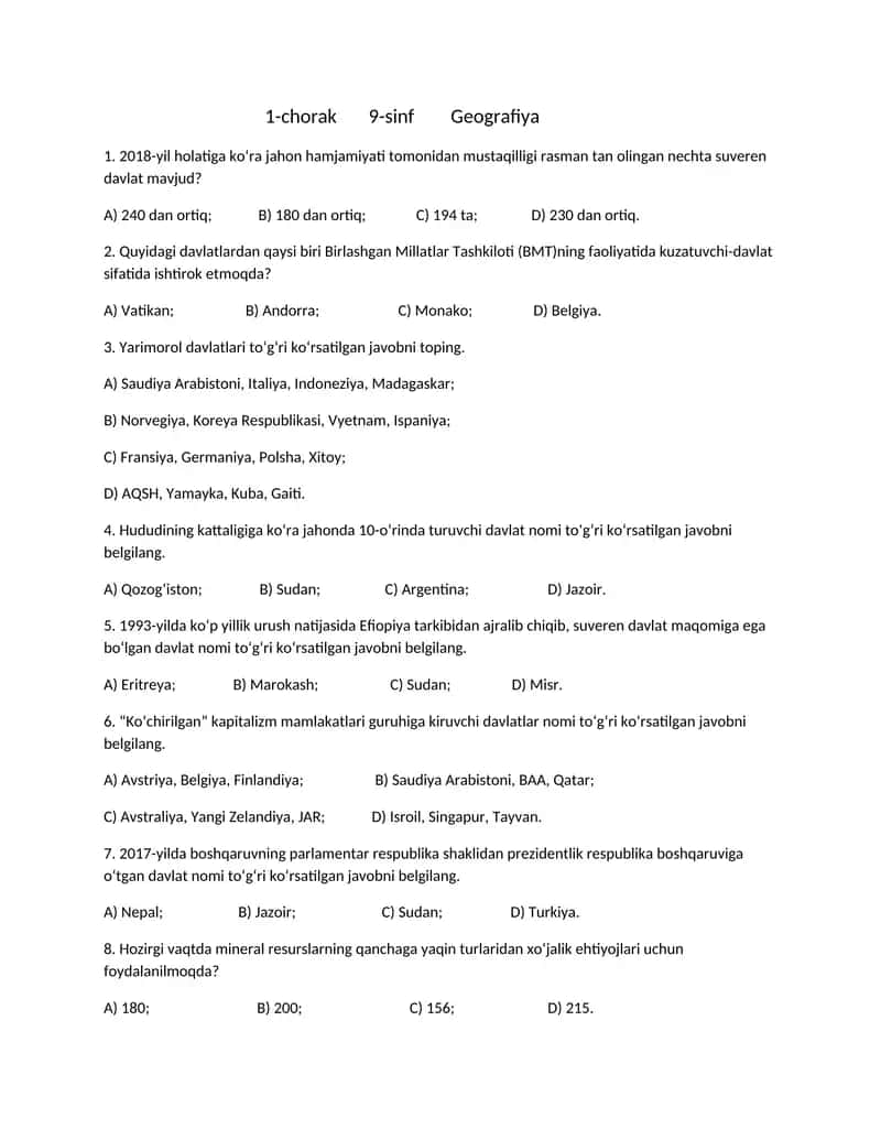 Geografiya 9-sinf 1-chorak