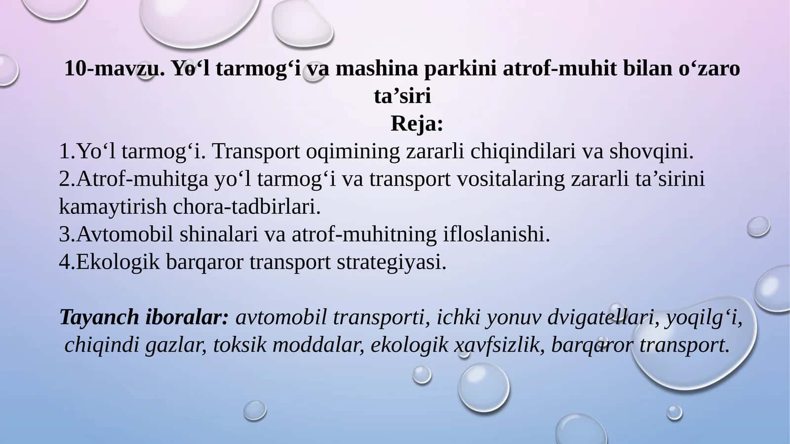10-mavzu. Yo‘l tarmog‘i va mashina parkini atrof-muhit bilan o‘zaro ta’siri