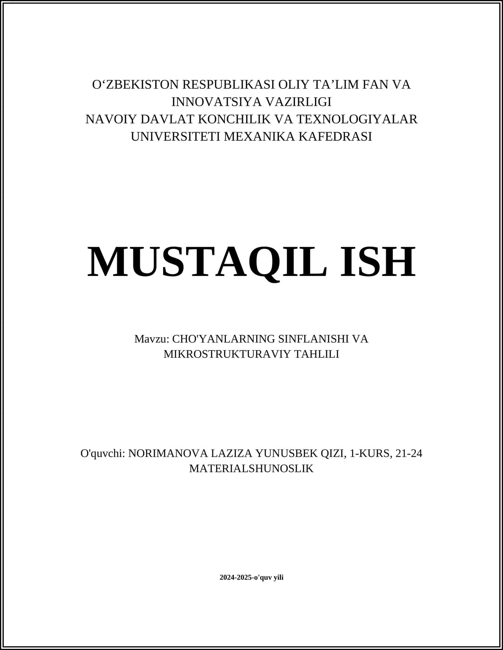 CHO'YANLARNING SINFLANISHI VA MIKROSTRUKTURAVIY TAHLILI