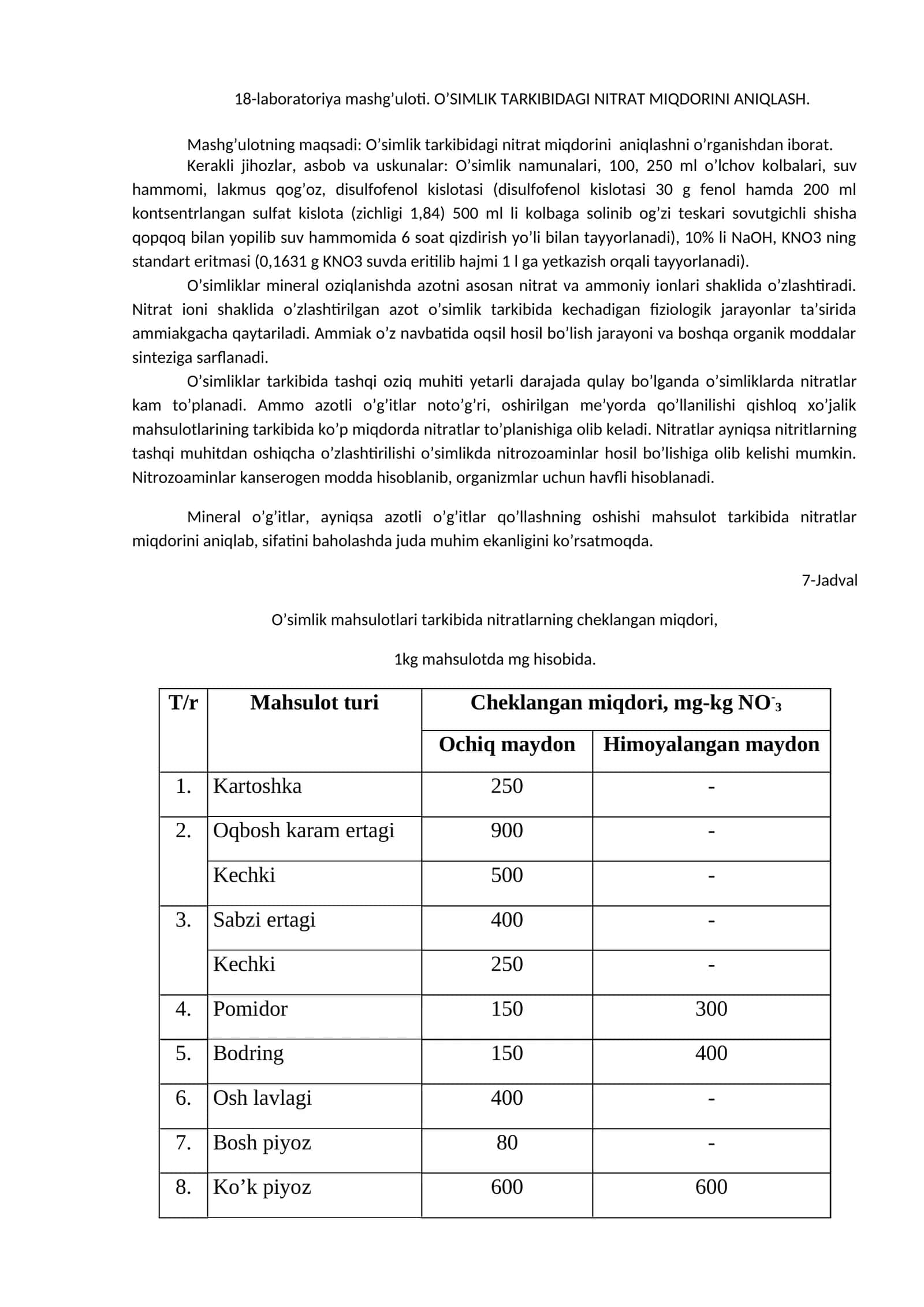 O’SIMLIK TARKIBIDAGI NITRAT MIQDORINI ANIQLASH