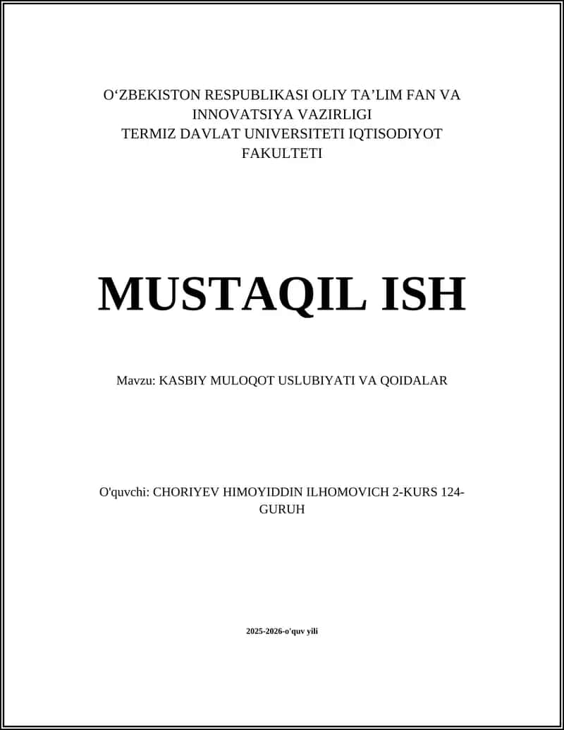 KASBIY MULOQOT USLUBIYATI VA QOIDALAR