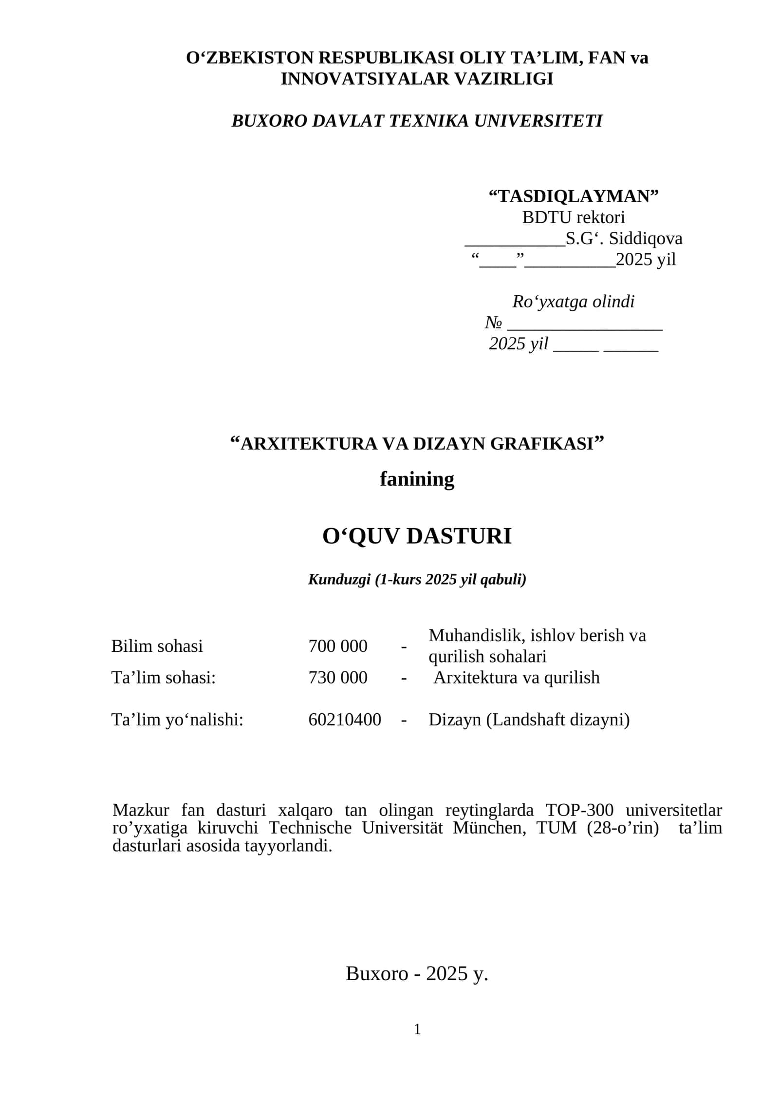 “ARXITEKTURA VA DIZAYN GRAFIKASI” fanining O‘QUV DASTURI