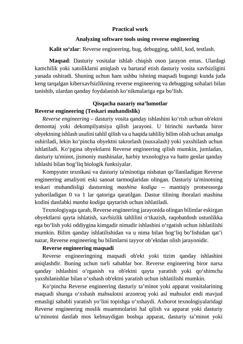 Reverse engineering software tools analysis