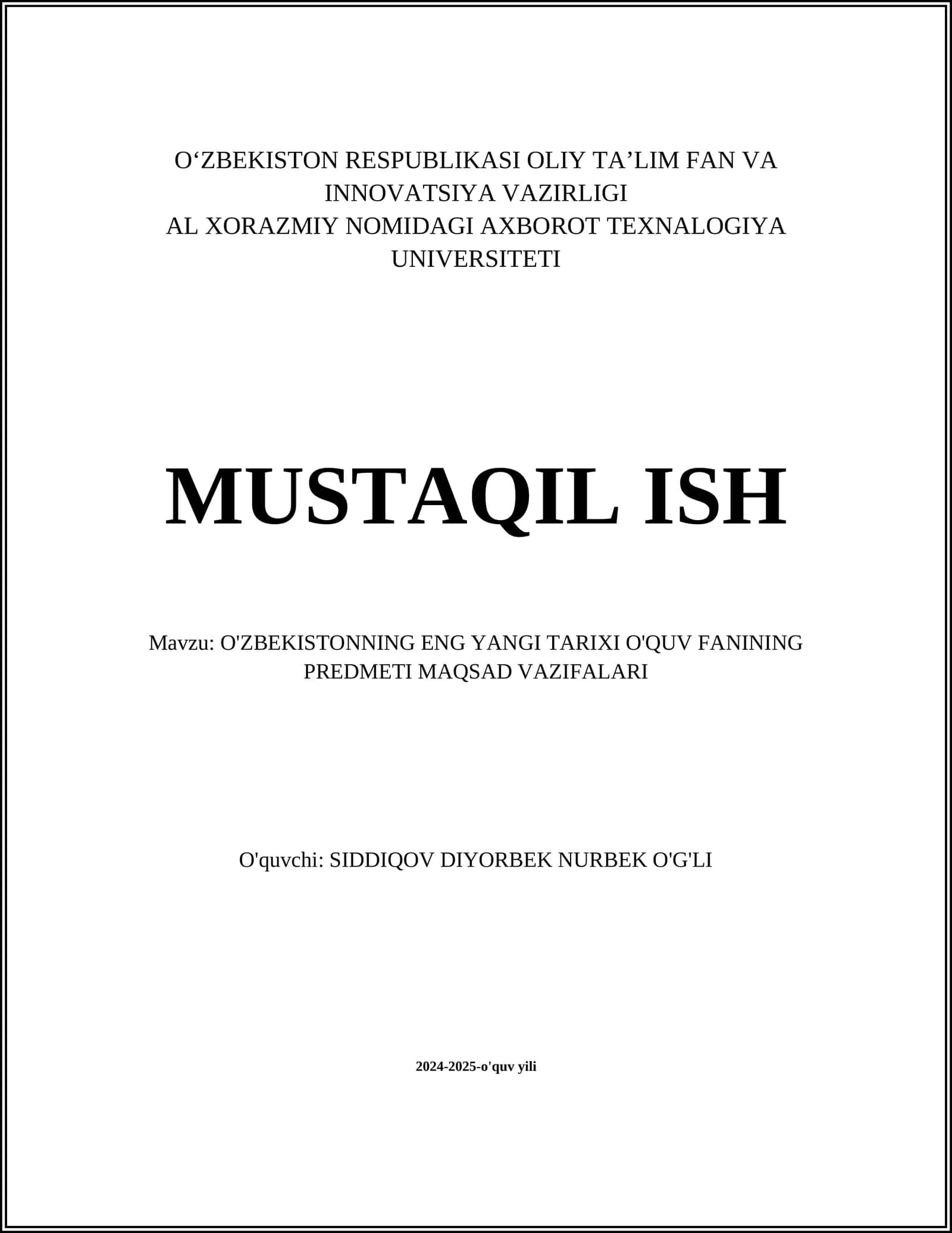O'ZBEKISTONNING ENG YANGI TARIXI O'QUV FANINING PREDMETI MAQSAD VAZIFALARI