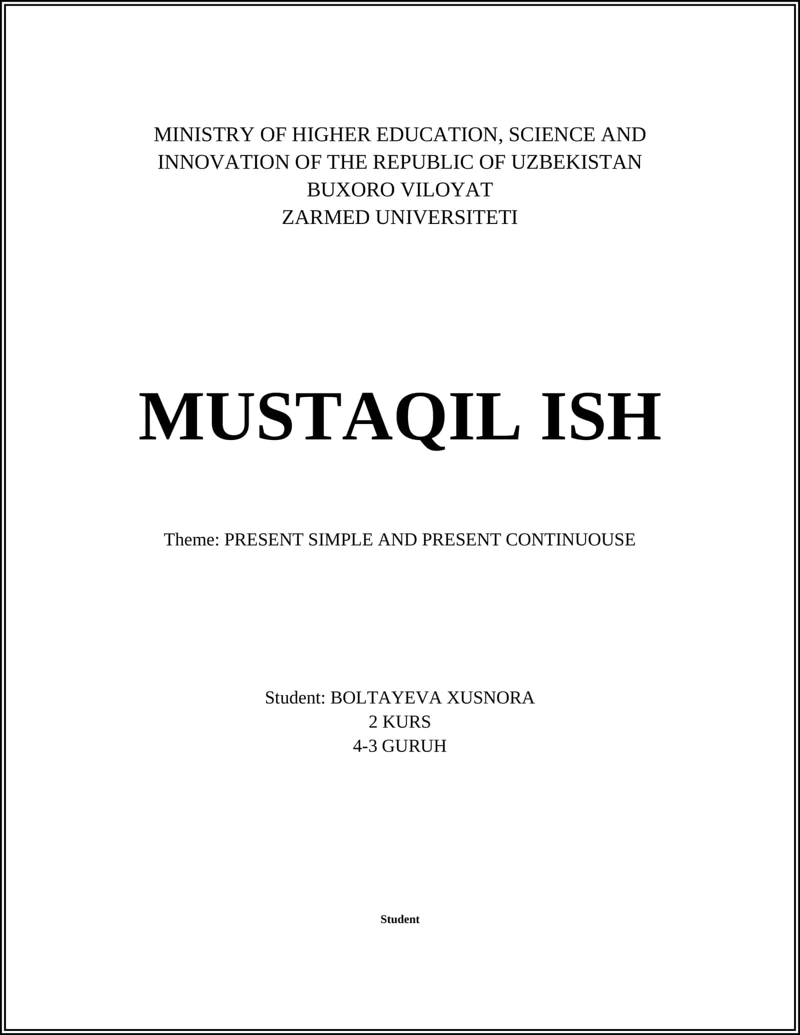 BUXORO VILOYAT ZARMED UNIVERSITETI MUSTAQIL ISH